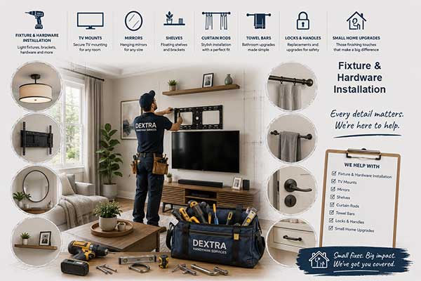 Friendly Handyman installing hardware and fixtures